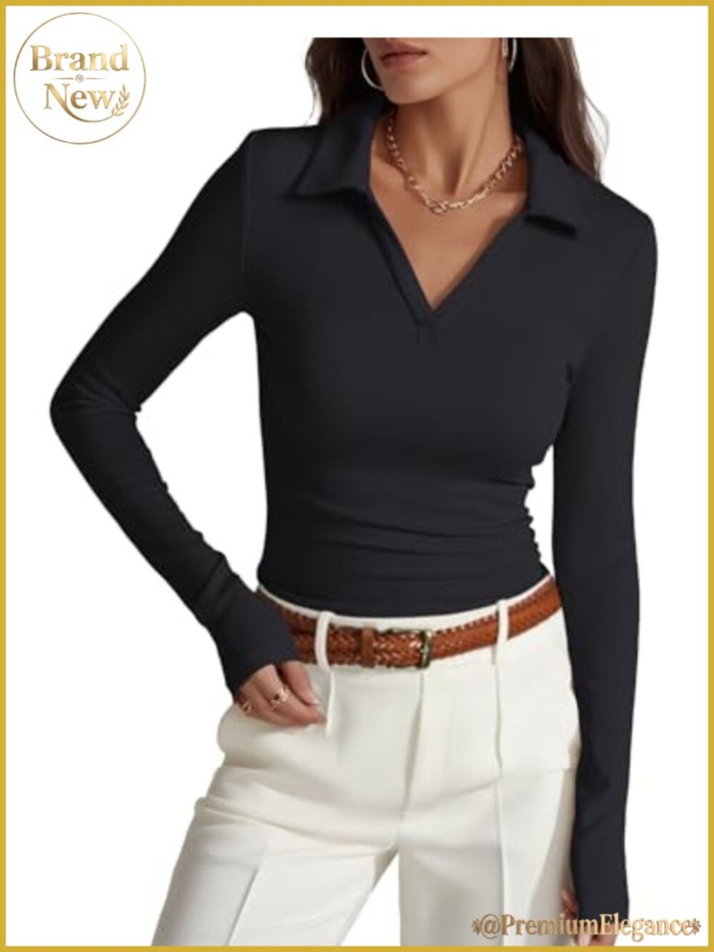 Long Sleeve V-Neck Polo Shirt Collared Business Casual Work Top Ruched